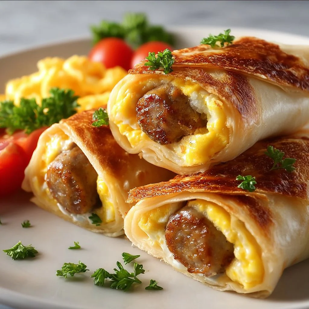 Sausage egg breakfast roll-ups served on a plate with fresh herbs