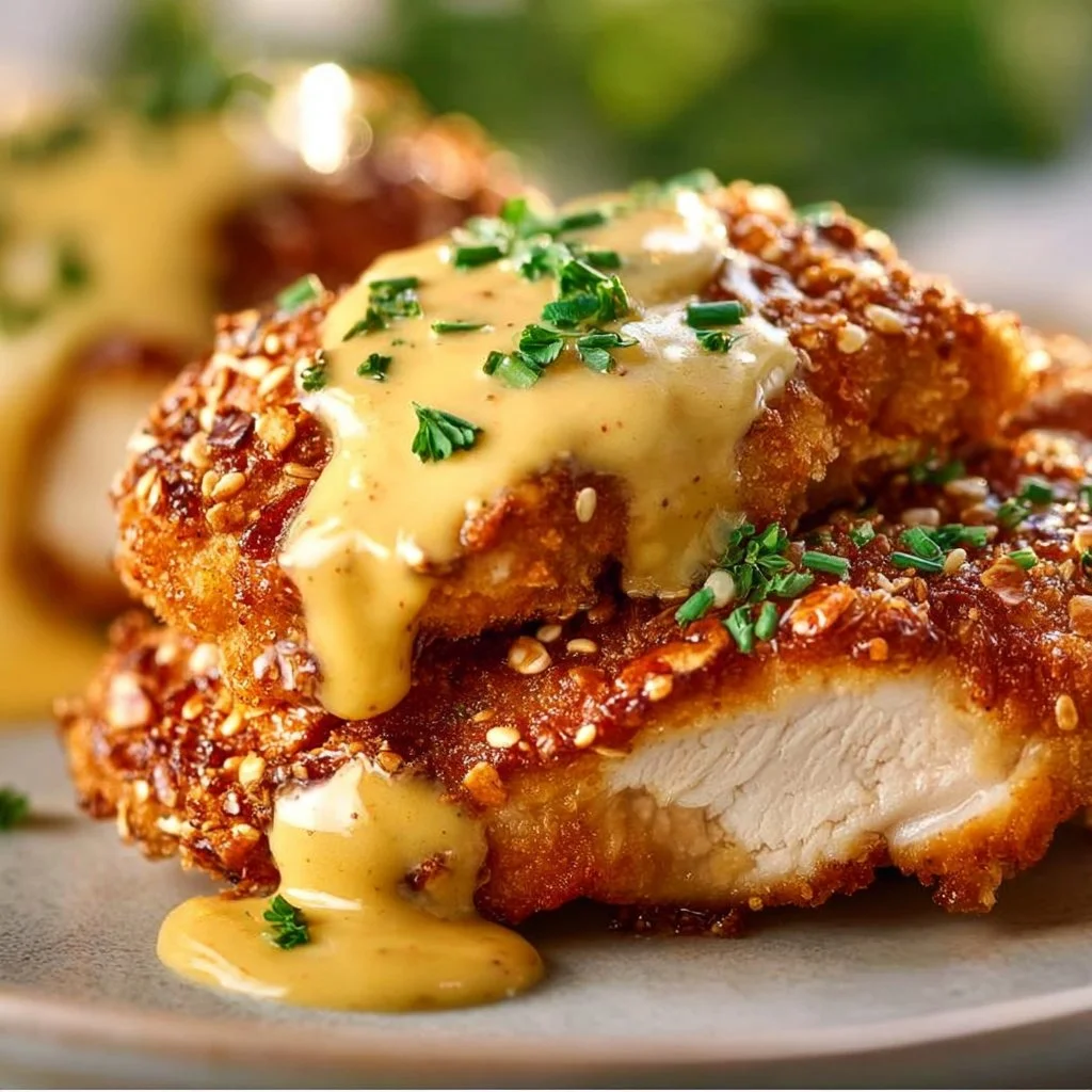 Savory Pretzel Chicken 2 Savory Pretzel Chicken with Mustard-Cheddar Sauce Delight