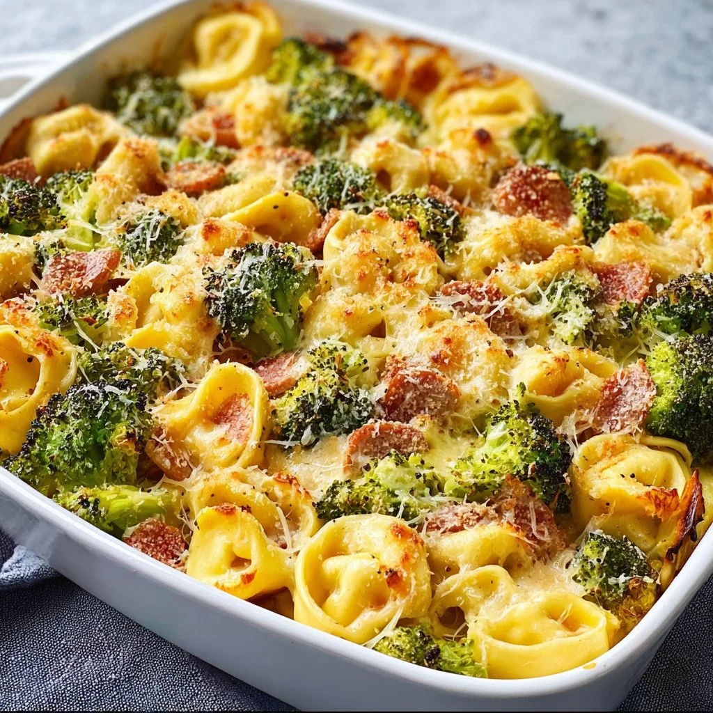 Sheet pan filled with broccoli tortellini bake, ready to serve and enjoy.