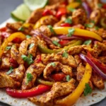 Sheet pan chicken fajitas with colorful peppers and onions, ready to serve.