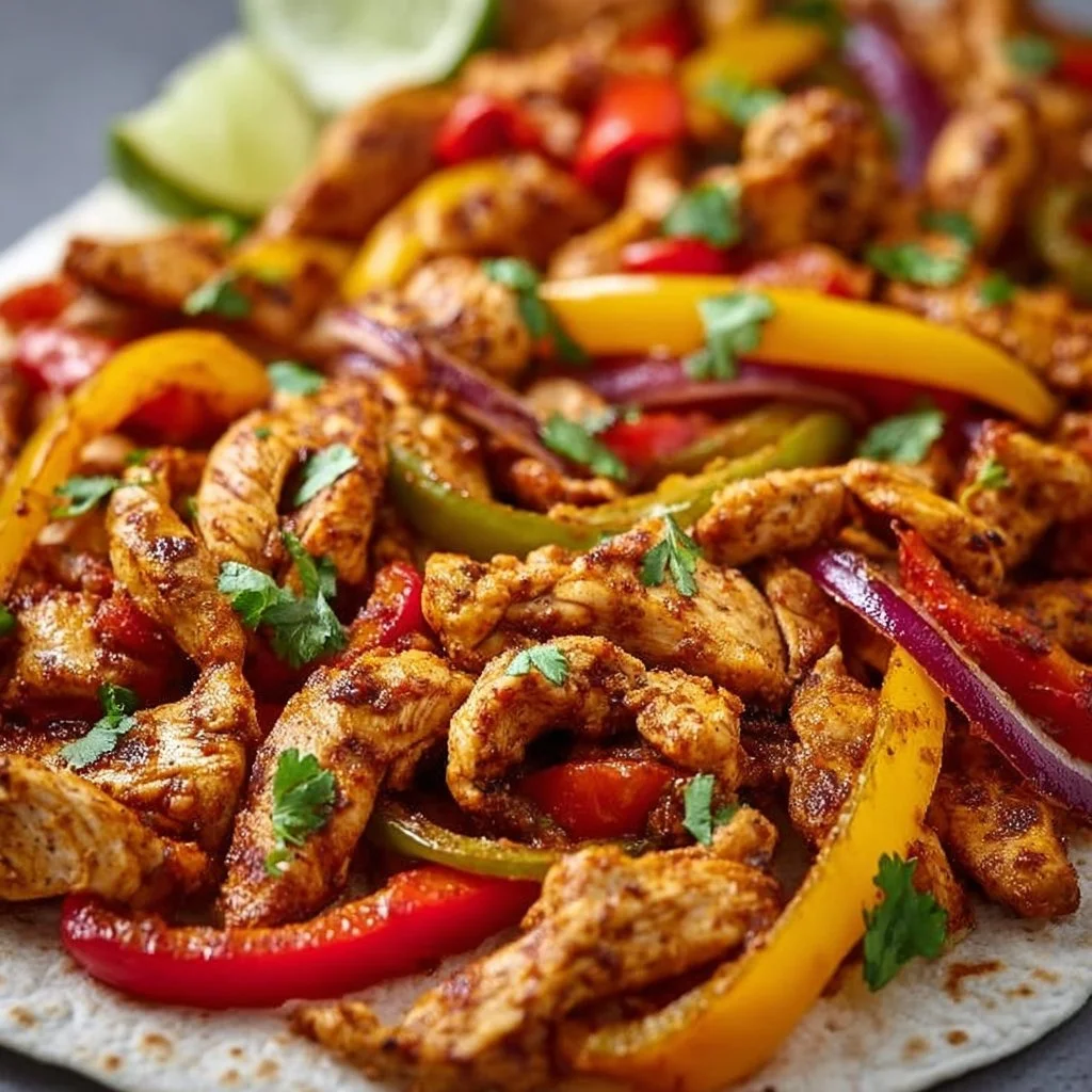 Sheet pan chicken fajitas with colorful peppers and onions, ready to serve.