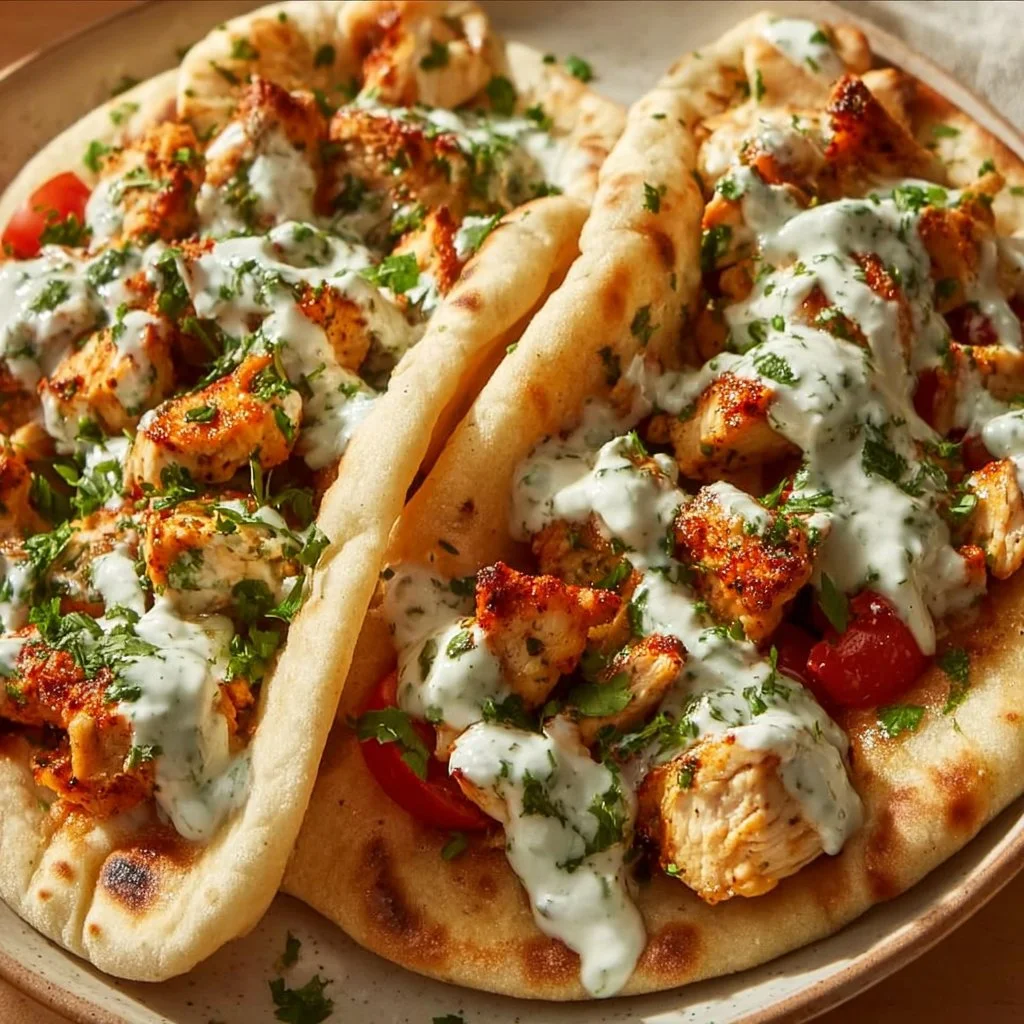 Delicious sheet pan chicken pitas ready to serve with fresh toppings.