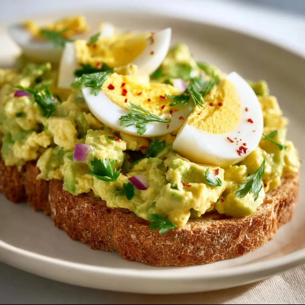 Mediterranean avocado egg salad served in a bowl with fresh herbs and vegetables
