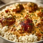 Delicious plate of smothered chicken served with rice, garnished with herbs.