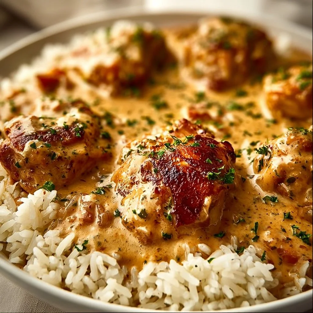 Delicious plate of smothered chicken served with rice, garnished with herbs.
