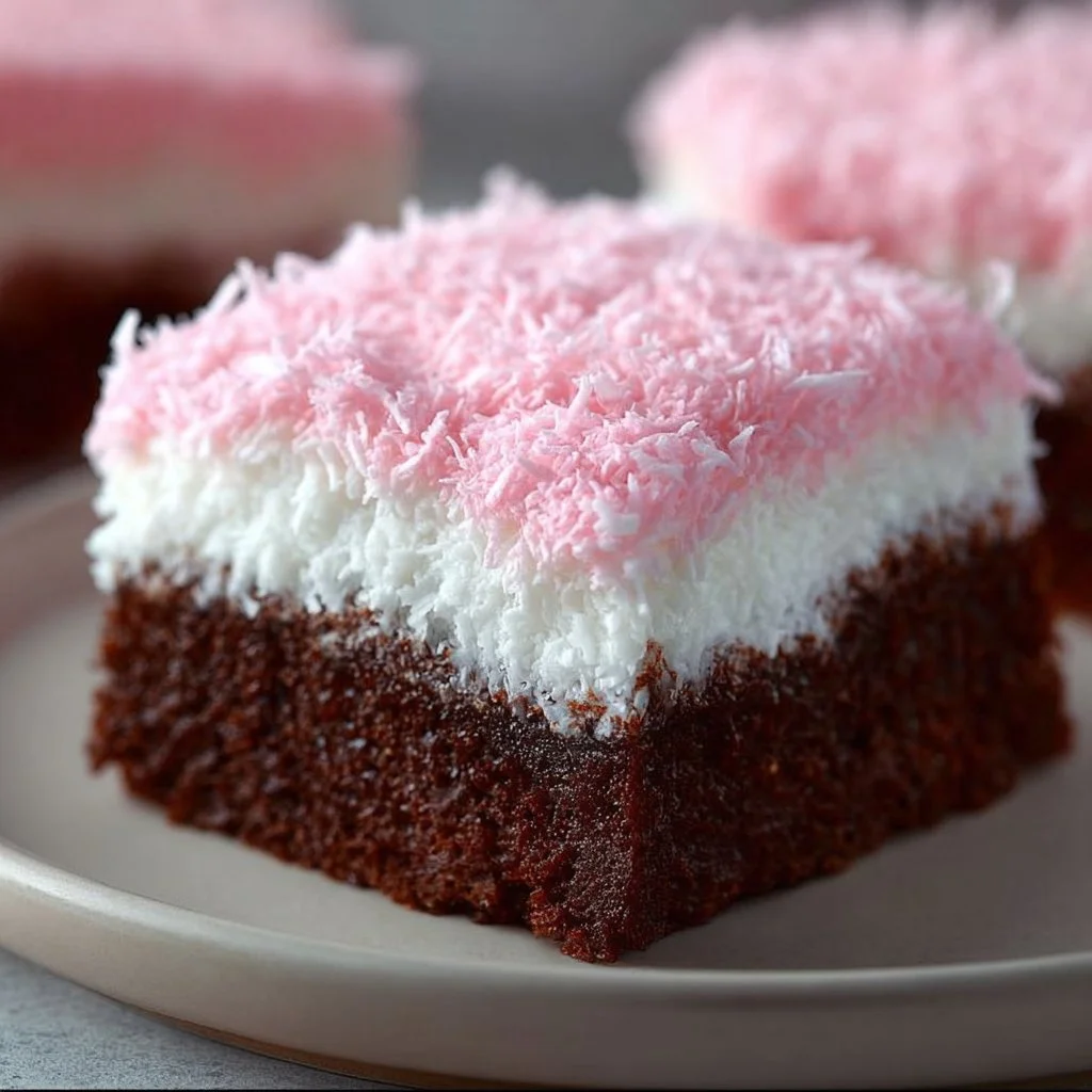 Deliciously rich Sno Ball Brownies topped with fluffy marshmallow and coconut.