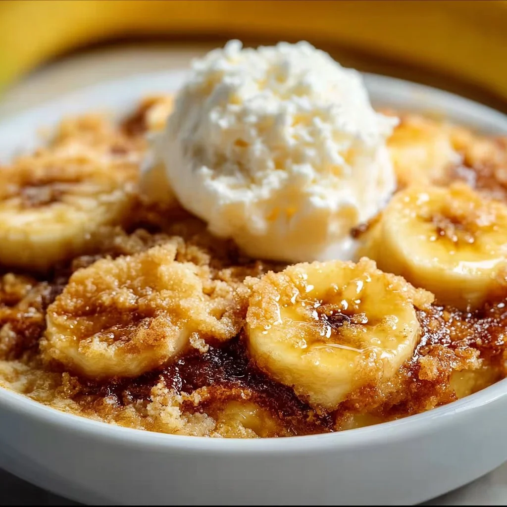 Southern Banana Cobbler dessert with ripe bananas and golden crust