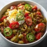 Delicious Southwest Spice Green Chile Bowl garnished with fresh toppings.