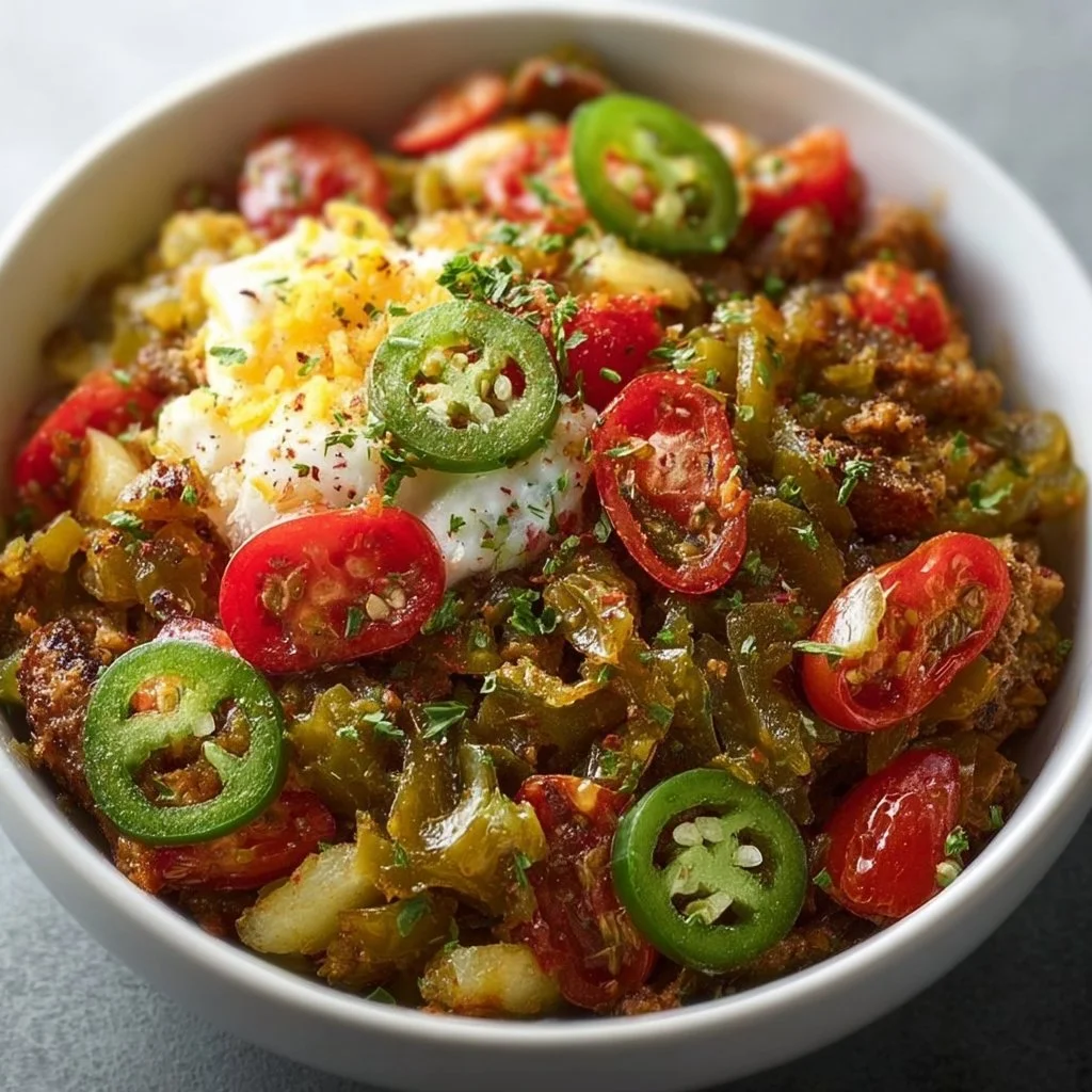 Delicious Southwest Spice Green Chile Bowl garnished with fresh toppings.