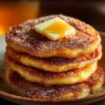 Spanish Churro-Inspired Pancakes 4 Fluffy churro pancakes topped with cinnamon and sugar, served with chocolate sauce.