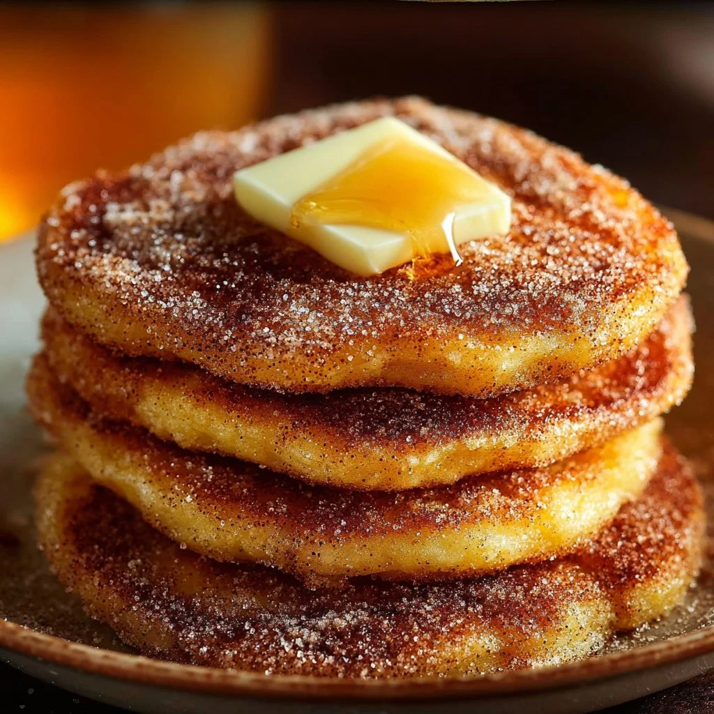 Fluffy churro pancakes topped with cinnamon and sugar, served with chocolate sauce.