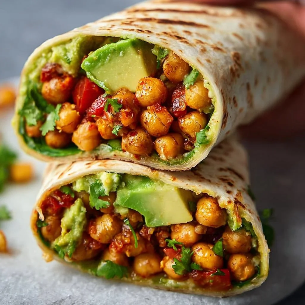 Spicy chickpea and avocado wrap on a plate with fresh greens.