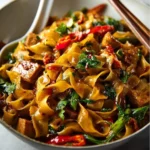 Spicy vegan drunken noodles served with fresh vegetables and herbs.