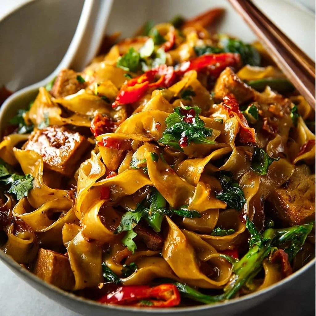 Spicy vegan drunken noodles served with fresh vegetables and herbs.