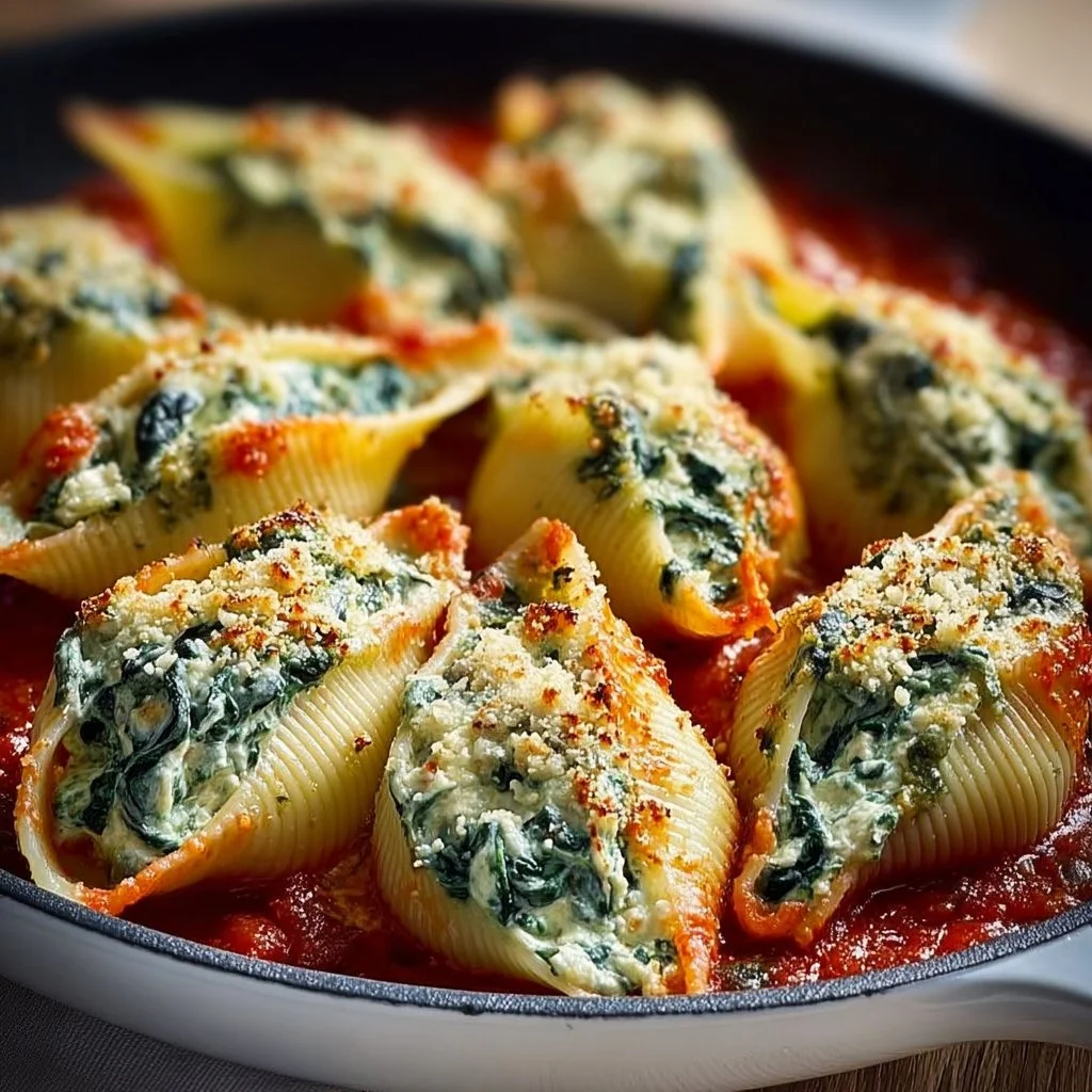 Delicious Spinach and Ricotta Stuffed Shells in a baking dish