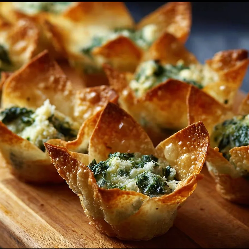 Spinach artichoke wonton cups served on a platter