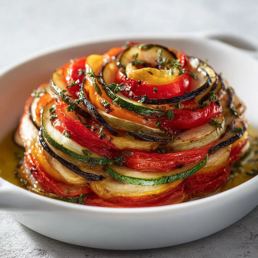 Colorful Spiral Ratatouille dish served elegantly on a plate