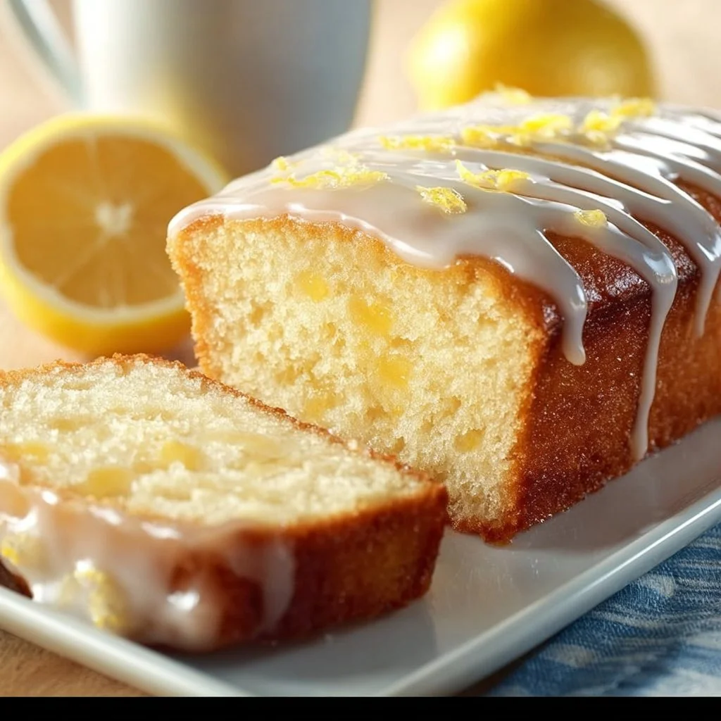 Homemade Starbucks Copycat Lemon Loaf on a plate with lemon slices