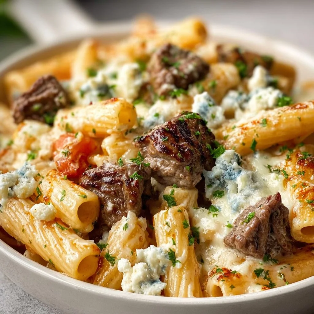 Steak and Blue Cheese Rigatoni Bake served in a dish