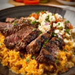 Plate of delicious Steak Queso Rice with melted cheese and tender steak
