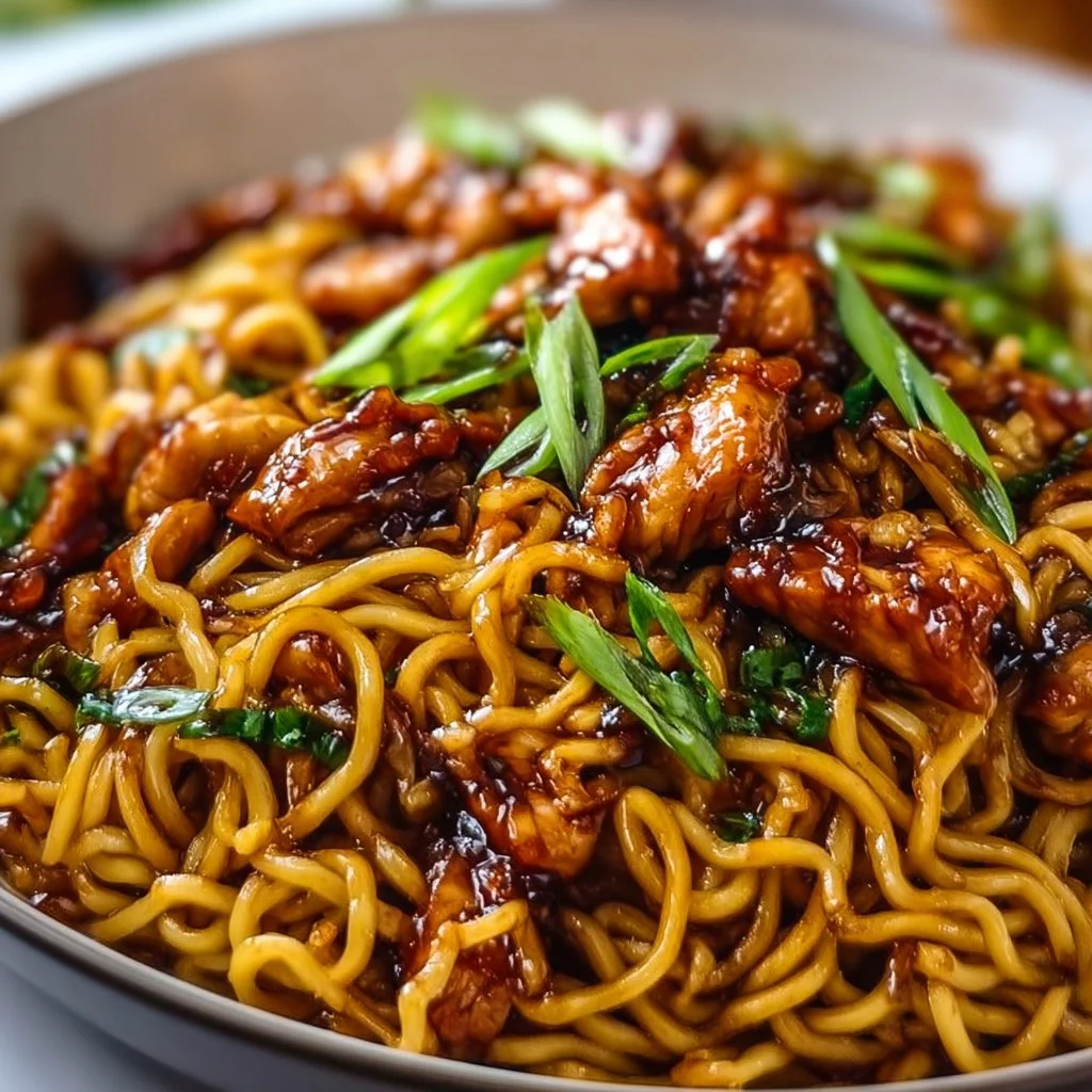 Plate of Sticky Garlic Chicken Noodles with vibrant vegetables