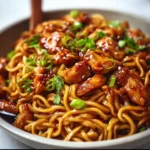 Sticky Garlic Chicken Noodles 3 Sticky Garlic Chicken Noodles served in a bowl with fresh herbs and colorful vegetables