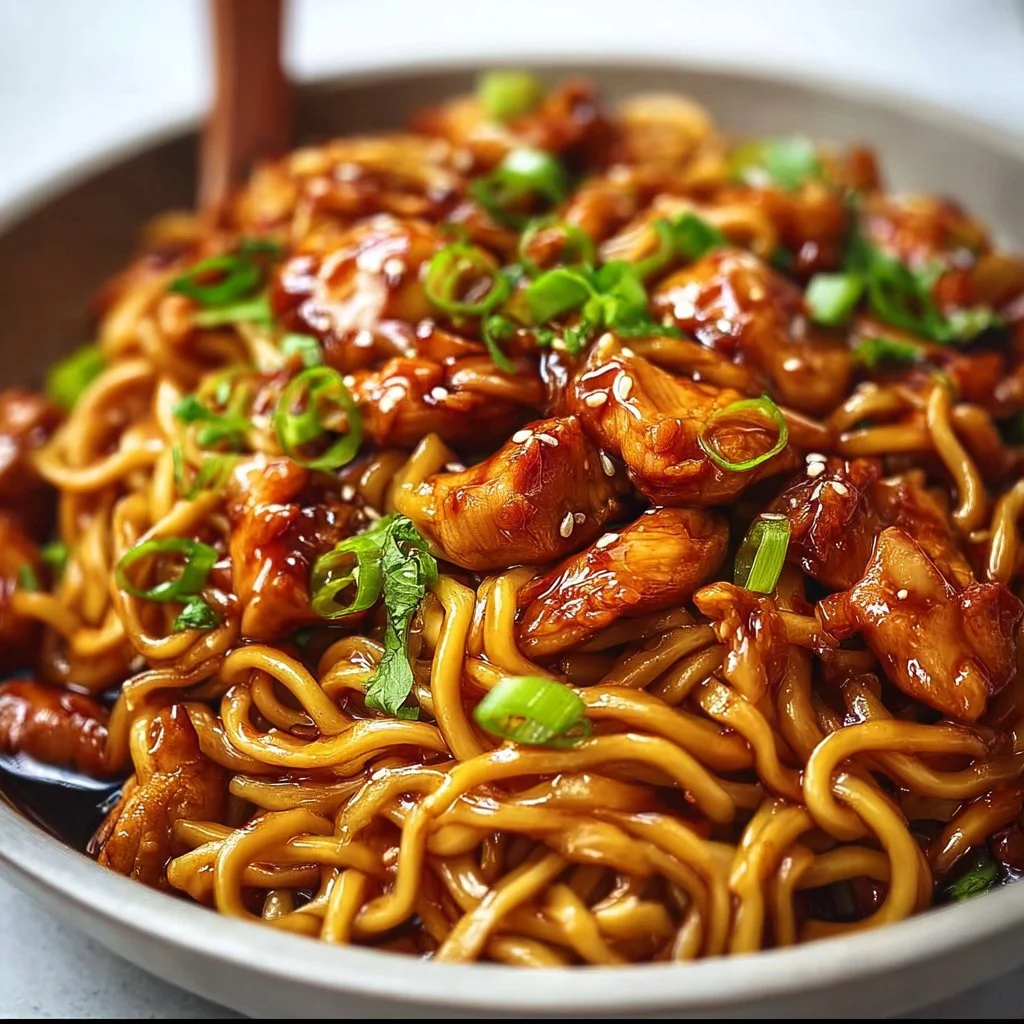 Sticky Garlic Chicken Noodles served in a bowl with fresh herbs and colorful vegetables