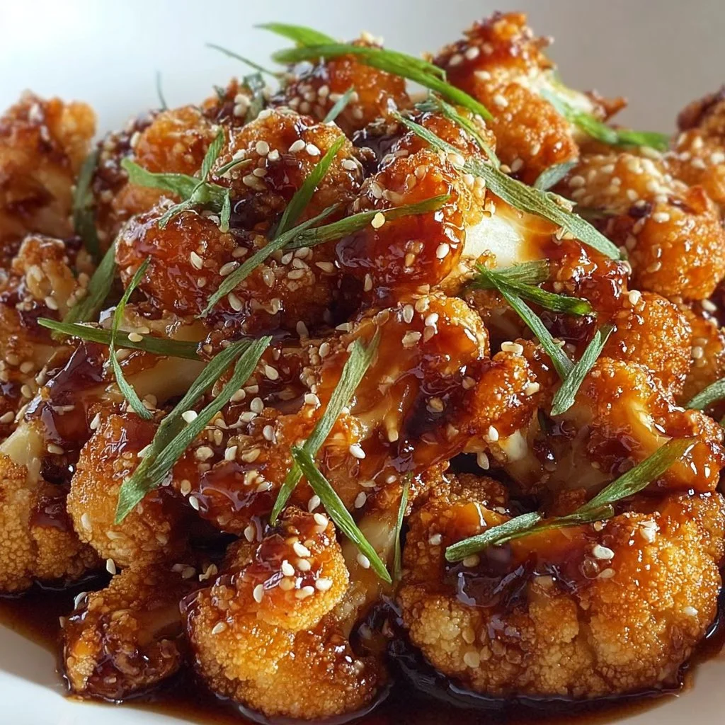 Plate of sticky honey garlic cauliflower, a delicious vegan side dish.