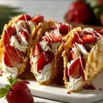 Strawberry cheesecake tacos served with fresh strawberries and whipped cream