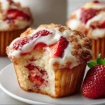 Freshly baked Strawberry Cream Cheese Muffins on a wooden table.
