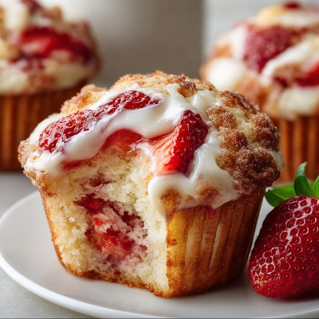 Freshly baked Strawberry Cream Cheese Muffins on a wooden table.