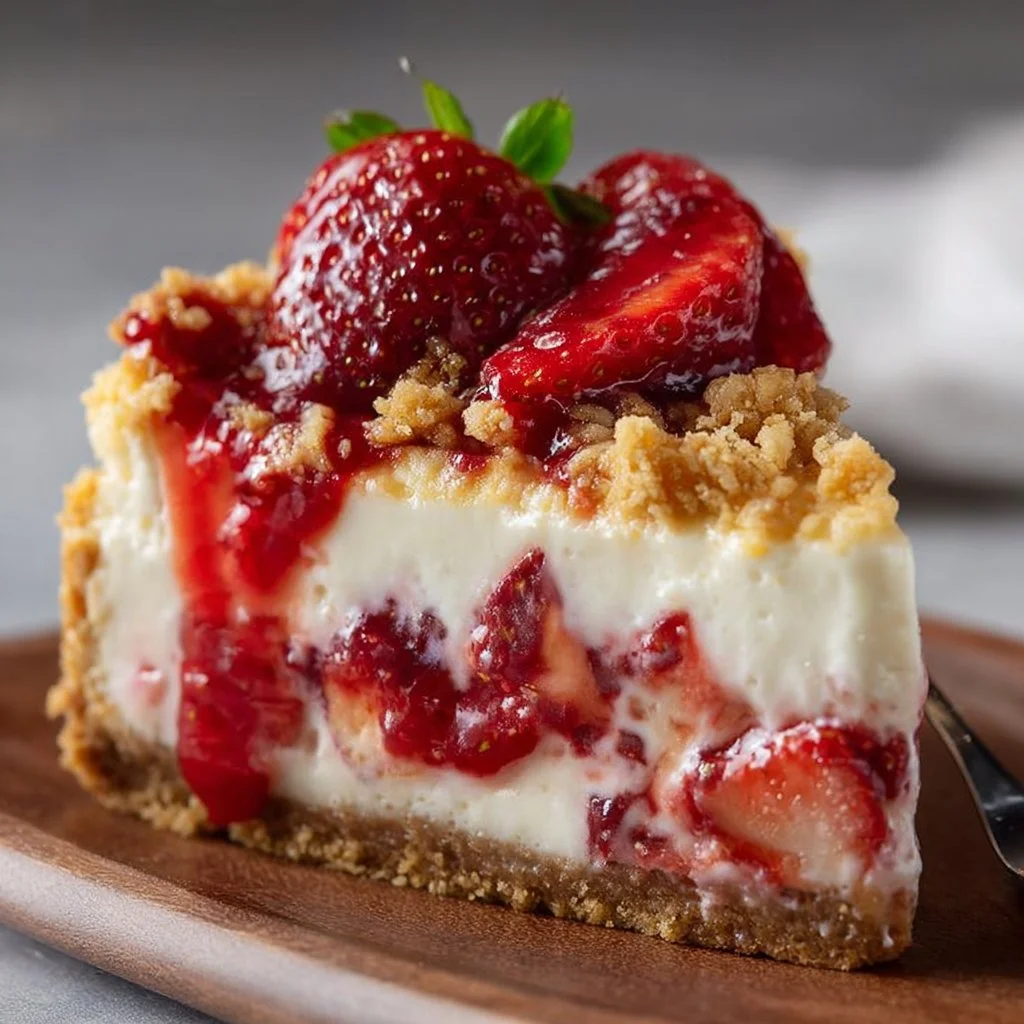 Slice of strawberry crunch cheesecake topped with crushed strawberries and whipped cream