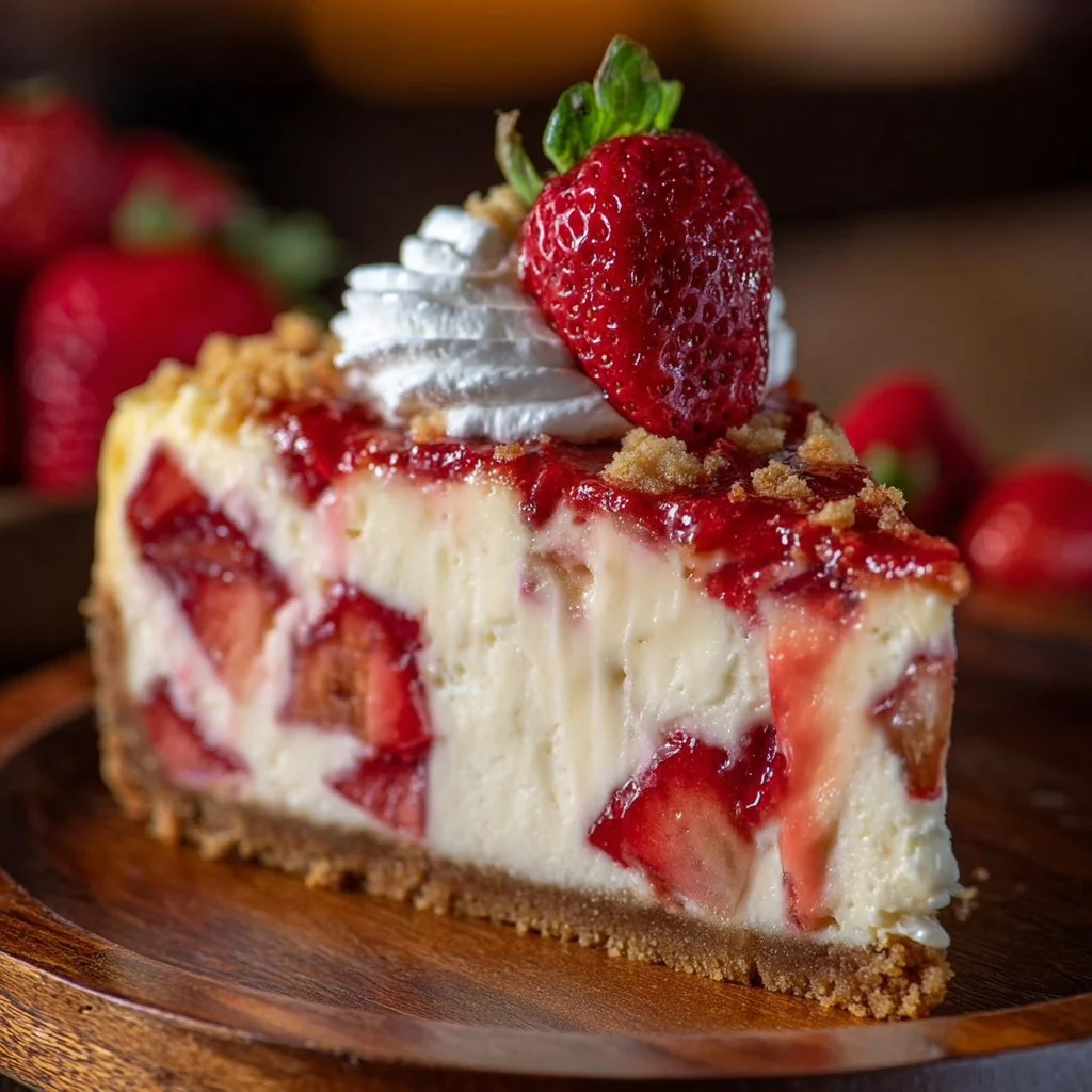 Delicious Strawberry Crunch Cheesecake topped with strawberry pieces.