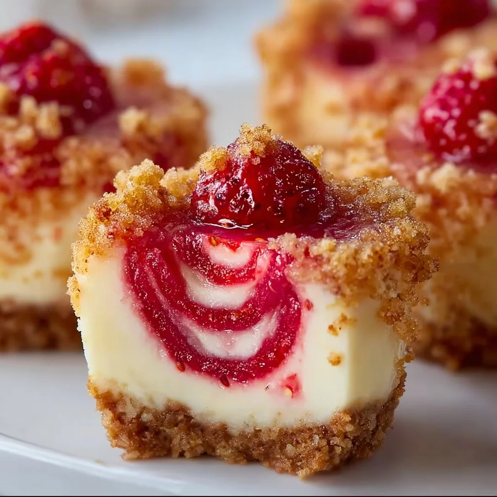 Strawberry crunch cheesecake bites topped with crumbs and fresh strawberries.