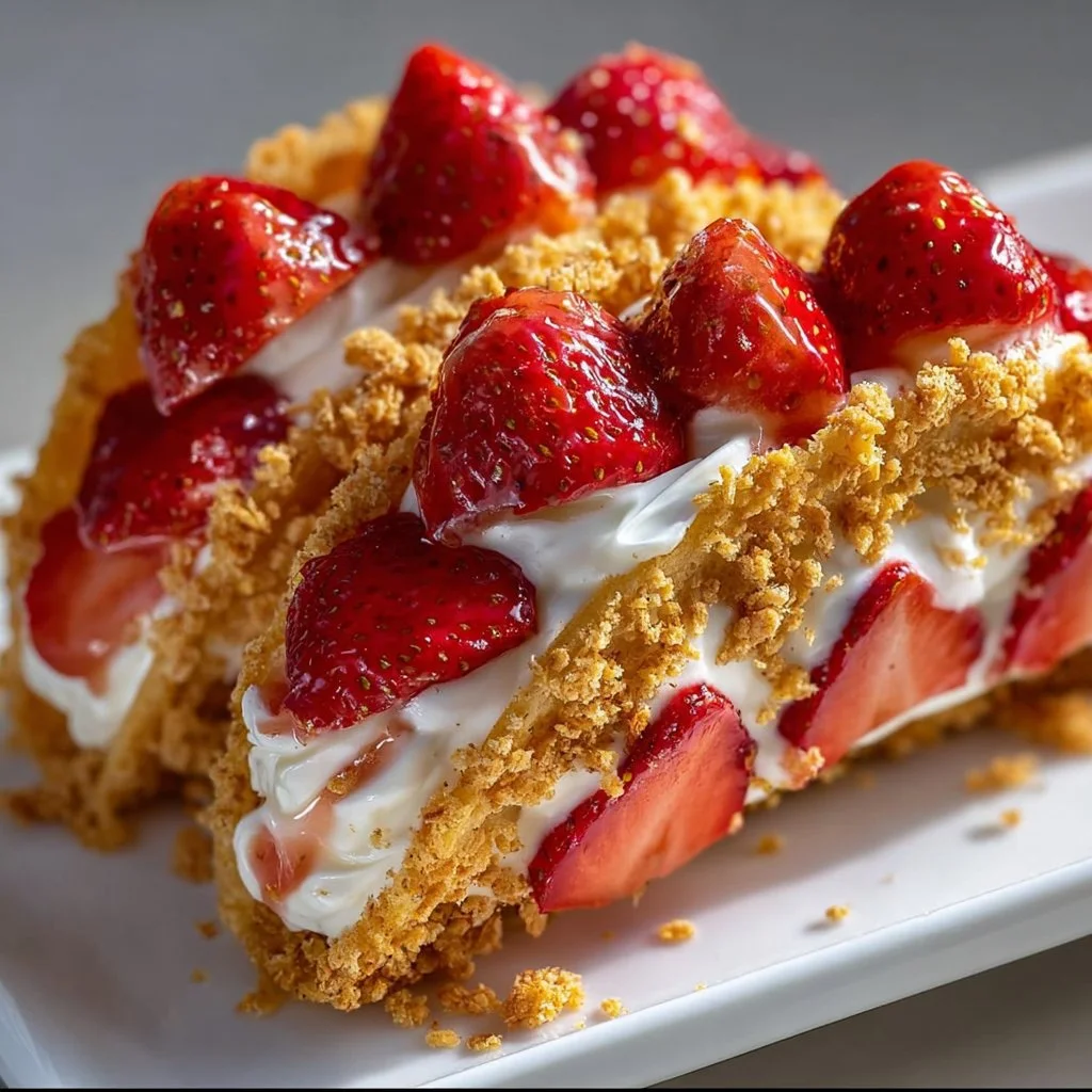 Strawberry crunch cheesecake tacos served on a plate with fresh strawberries