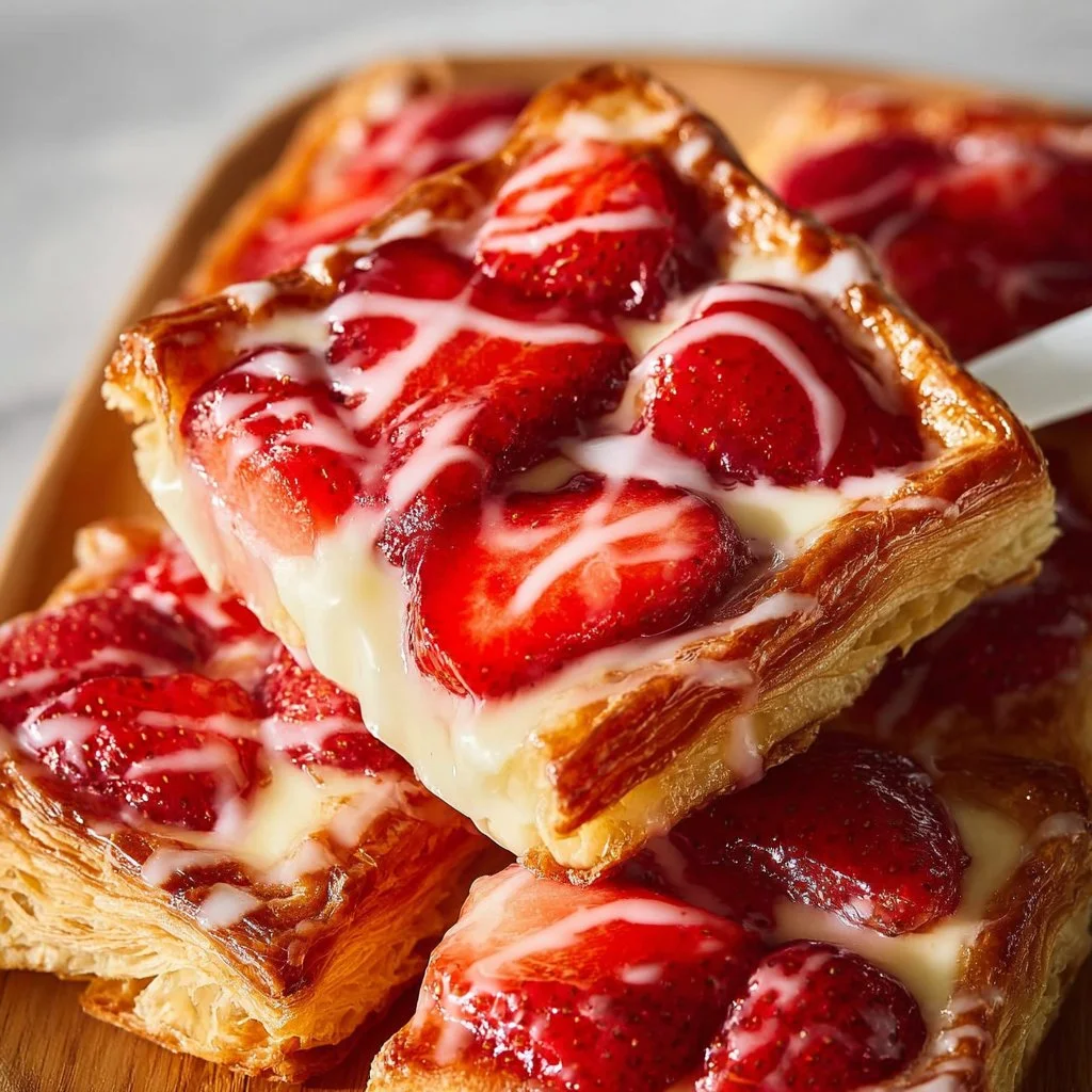 Freshly baked Strawberry Danish pastry with strawberries and cream filling.