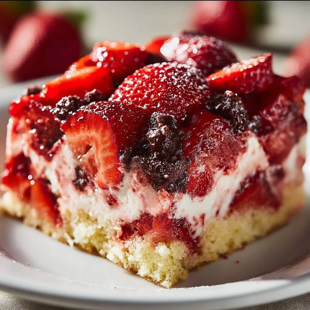 Delicious strawberry earthquake cake with a rich, moist texture and fresh strawberries