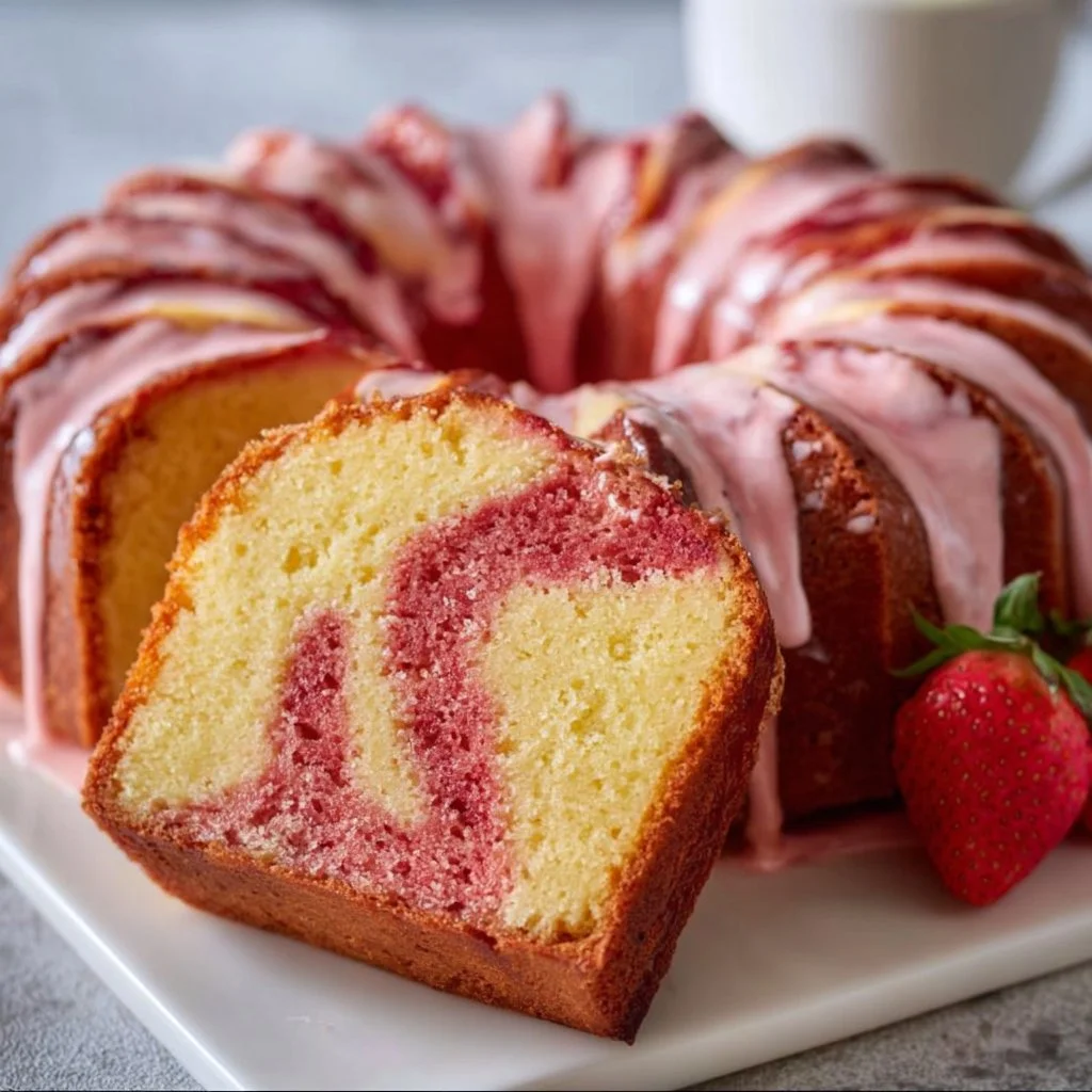 Slice of Strawberry Milkshake Pound Cake topped with fresh strawberries and whipped cream.
