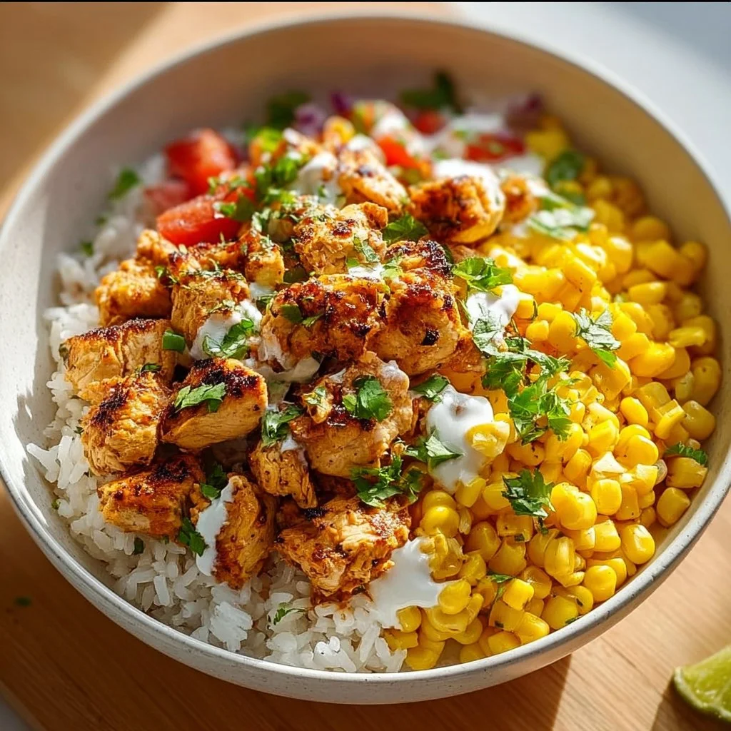 Delicious Street Corn Chicken Rice Bowl with chicken, corn, and vibrant toppings