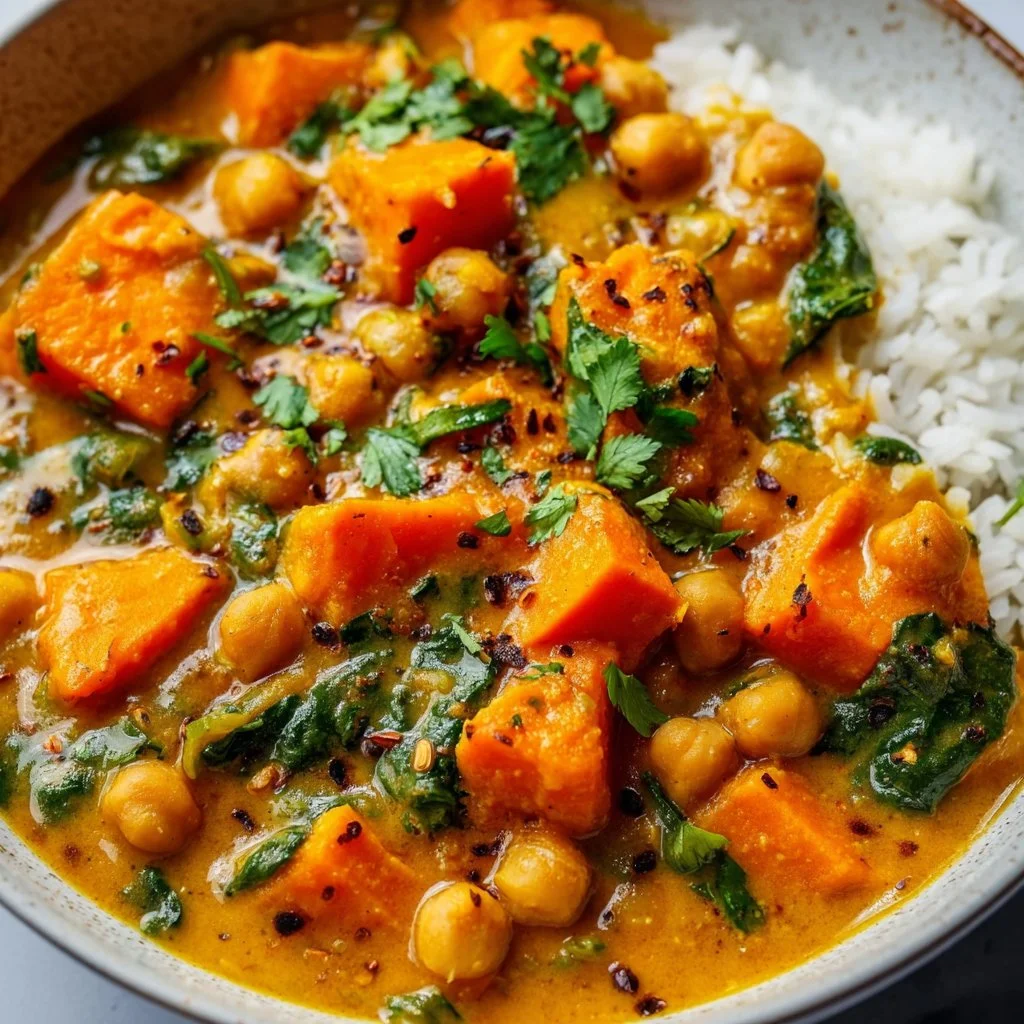 Delicious sweet potato and chickpea curry served in a bowl with herbs.