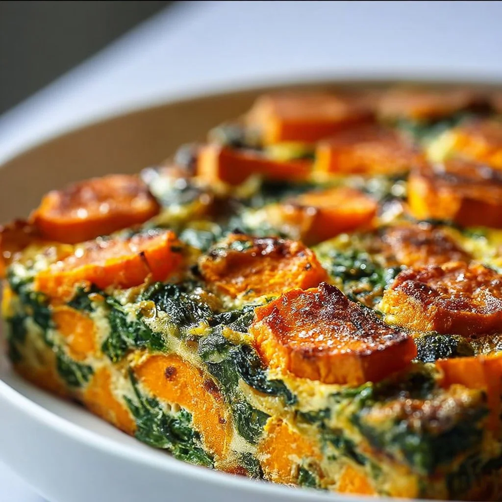 Delicious Sweet Potato Spinach Bake dish served in a rustic bowl