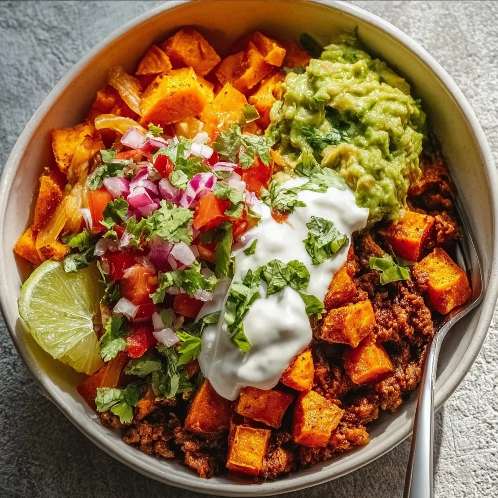 Delicious sweet potato taco bowl topped with fresh ingredients