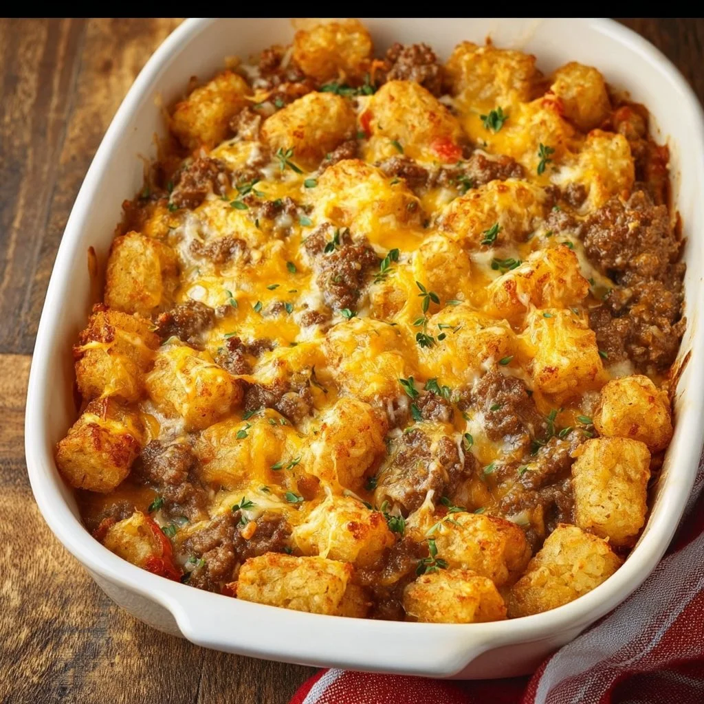 Tater Tot Sausage Breakfast Casserole baked in a casserole dish