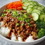Teriyaki Ground Turkey Bowl 3 Teriyaki Ground Turkey Bowl with vegetables and sauce in a bowl