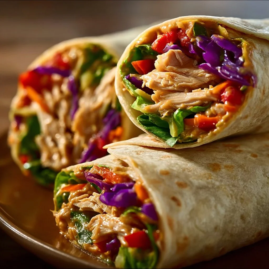 Thai Peanut Chicken Wraps with fresh vegetables and peanut sauce