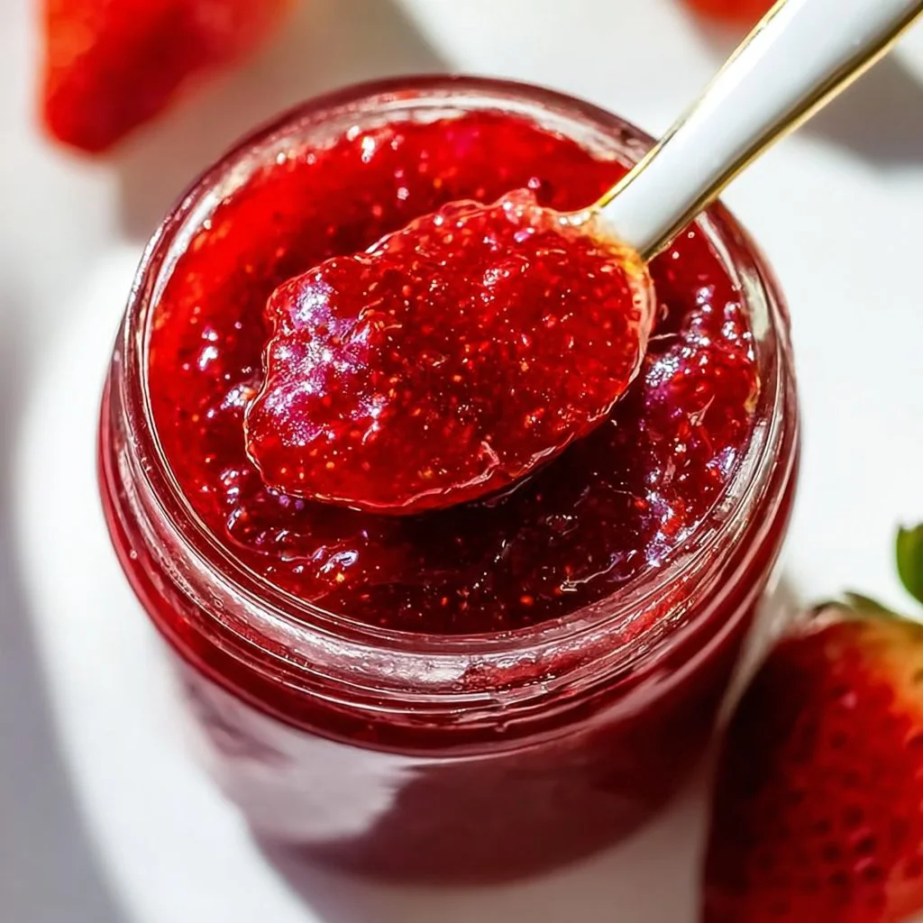 Homemade three-ingredient strawberry jam in a jar with fresh strawberries