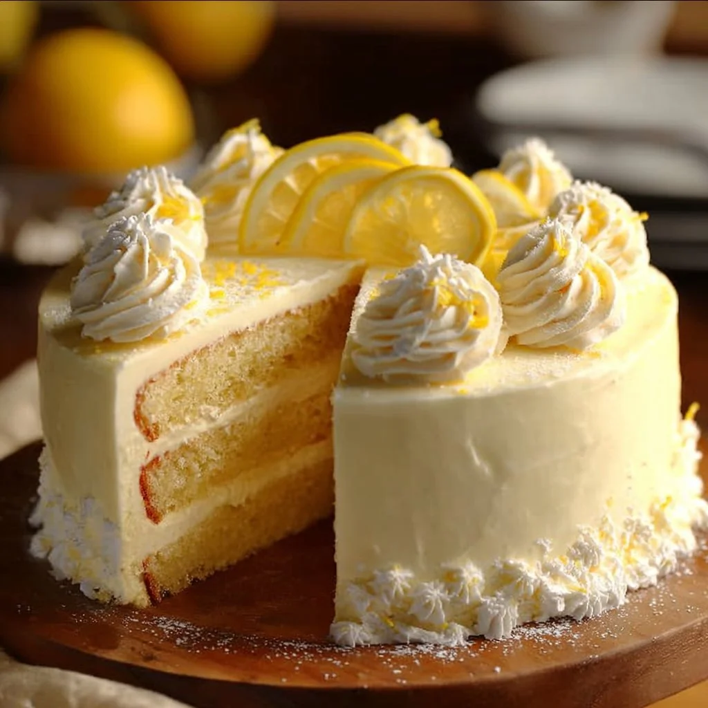 Delicious slice of Italian Lemon Cream Cake with lemon zest and cream filling