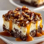 Delicious Turtle Cheesecake Bars with chocolate, caramel, and pecans on top