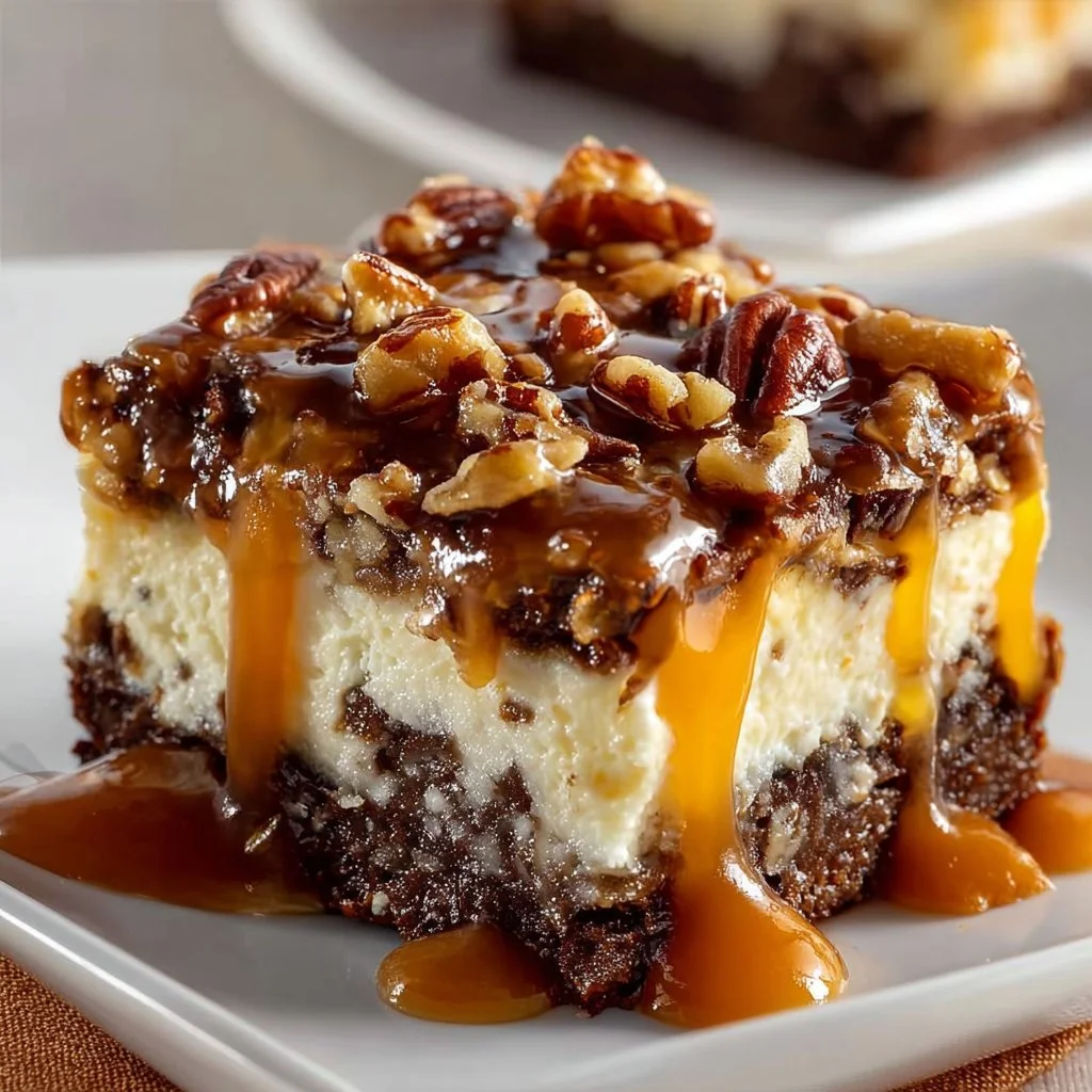 Delicious Turtle Cheesecake Bars with chocolate, caramel, and pecans on top