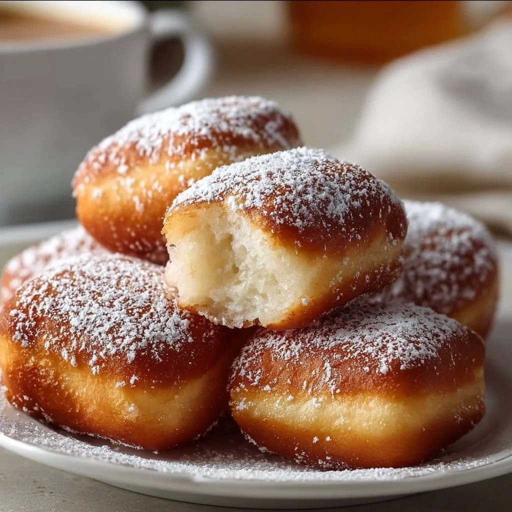 Freshly fried vanilla French beignets dusted with powdered sugar